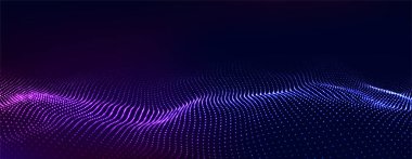 Gelecekçi teknoloji dalgası. Dijital siber uzay. Siyah zemin üzerinde hareket eden parçacıkların olduğu soyut dalga. Büyük veri analizleri.