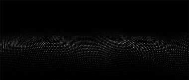 Fütürist dijital dalga. Karanlık siber uzay. Noktalı soyut vektör dalgası. Siyah arkaplan üzerinde beyaz parçacıklar.