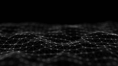 Parçacıkların soyut teknoloji dalgası. Büyük veri görselleştirmesi. Hareket noktaları ve çizgileri olan karanlık bir arkaplan. Yapay zeka. 3d oluşturma.