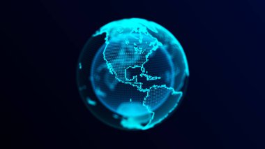 Parçacıkları ve çizgileri olan sanal gezegen Dünya. Ağ bağlantısı büyük veri. Soyut teknoloji mavi arka plan. 3B görüntüleme.