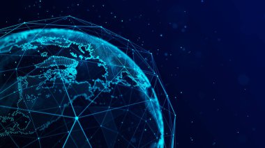 Parçacıkları ve çizgileri olan sanal gezegen Dünya. Ağ bağlantısı büyük veri. Soyut teknoloji mavi arka plan. 3B görüntüleme.