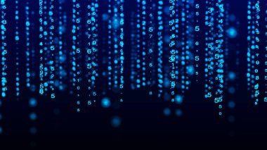Teknoloji ikili kodu. Rastgele düşen mavi parmaklar ekranda. Hacklenmiş yazılım. Matris bilimi geçmişi. Büyük veri analizleri. 3B görüntüleme.