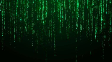 Teknoloji ikili kodu. Rastgele düşen yeşil parmaklar ekranda. Hacklenmiş yazılım. Matris bilimi geçmişi. Büyük veri analizleri. 3B görüntüleme.