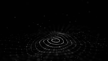 Gelecekçi çember dalgası. Karanlık siber uzay. Noktalı soyut müzik dalgası. Siyah zemin üzerinde beyaz hareketli parçacıklar. 3d oluşturma.