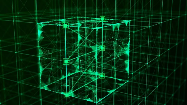 Teknisk Blockkedjans Nätverksanslutning Visualisering Stora Data Cybersäkerhet Bakgrund Grön Kub — Stockfoto