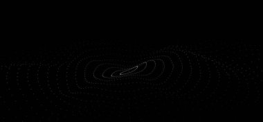 Gelecekçi çember dalgası. Karanlık siber uzayı yönlendir. Noktalı soyut müzik dalgası. Siyah arkaplan üzerinde beyaz parçacıklar.