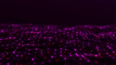 Gelecekçi teknoloji dalgası. Dijital siber uzay. Pembe arka planda hareket eden parçacıkları olan soyut dalga. Büyük veri analizleri. 3d oluşturma.