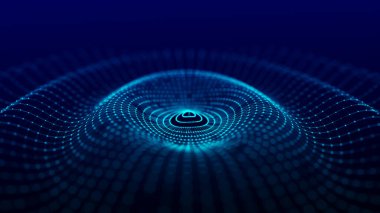 Fütürist dairesel dalga. Karanlık siber uzay. Noktalı soyut ses dalgası. Mavi arka planda beyaz hareketli parçacıklar. 3d oluşturma.