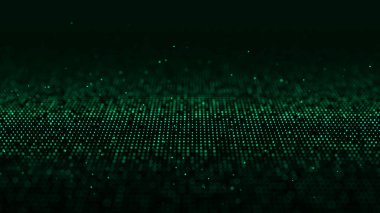 Soyut dijital akış parçacıkları. Siber ağ bağlantısı arka planı. Büyük veri görselleştirmesi. Teknoloji yeşili fon. 3d oluşturma.