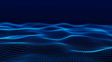 Fütürist dijital dalga. Karanlık siber uzay. Noktalı ve çizgili soyut dalga. Mavi arka planda beyaz hareketli parçacıklar. 3d oluşturma.