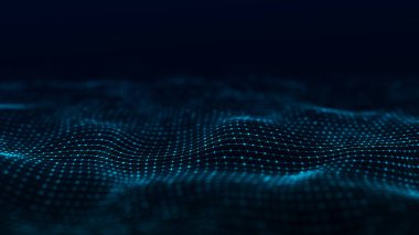 Fütürist dijital dalga. Karanlık siber uzay. Noktalı ve çizgili soyut dalga. Mavi arka planda beyaz hareketli parçacıklar. 3d oluşturma.