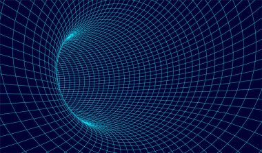 Soyut kablo şeması tüneli. Mavi bilim solucan deliği. Vektör 3 boyutlu portal ızgarası. Gelecekçi fantezi hunisi.