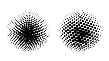 Vektör yarım ton küreleri kümesi. Siyah beyaz gradyanı olan noktalı daireler. Desen tasarım ögeleri.