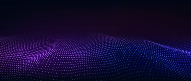 Gelecekçi teknoloji dalgası. Dijital siber uzay. Siyah zemin üzerinde hareket eden parçacıkların olduğu soyut dalga. Büyük veri analizleri.