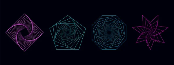 一套扭曲的彩色螺旋体 神圣的几何图形有星形 五边形和六边形线的隧道 矢量几何分形元 — 图库矢量图片