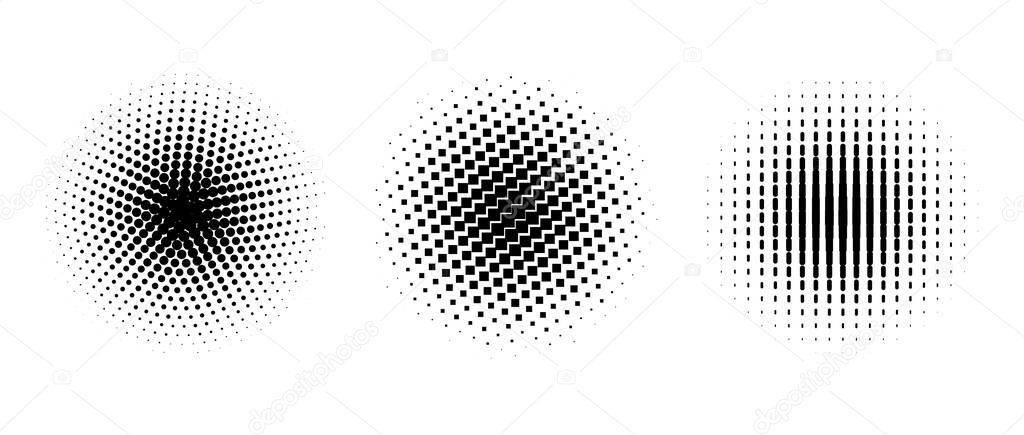 Set of vector halftone circles with dots. Pattern design elements with black and white gradient.