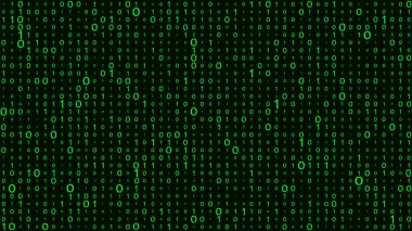 Teknoloji vektör ikili kodu. Rastgele düşen yeşil parmaklar ekranda. Hacklenmiş yazılım. Matris bilimi geçmişi. Büyük veri analizleri.