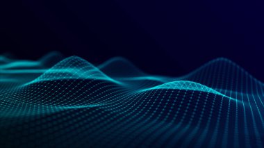 Fütürist dijital dalga. Karanlık siber uzay. Noktalı ve çizgili soyut dalga. Mavi arka planda beyaz hareketli parçacıklar. 3d oluşturma.