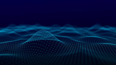 Fütürist dijital dalga. Karanlık siber uzay. Noktalı ve çizgili soyut dalga. Mavi arka planda beyaz hareketli parçacıklar. 3d oluşturma.