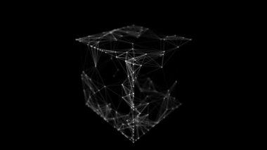 Teknoloji engelleme zinciri ağı bağlantısı. Büyük veri görselleştirmesi. Siber güvenlik geçmişi. Siyah küp. Parçalanan parçacıklardan oluşuyor. 3B görüntüleme.