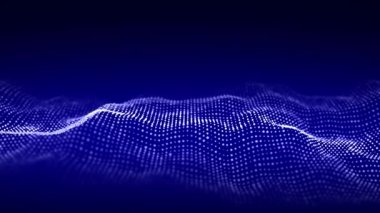 Fütürist dijital dalga. Karanlık siber uzay. Noktalı ve çizgili soyut dalga. Siyah zemin üzerinde beyaz hareketli parçacıklar. 3d oluşturma.