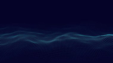 Fütürist dijital dalga. Karanlık siber uzay. Noktalı soyut dalga. Mavi arka planda beyaz hareketli parçacıklar. 3d oluşturma.