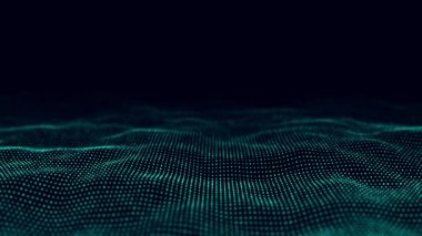 Fütürist dijital dalga. Karanlık siber uzay. Noktalı soyut dalga. Yeşil zemin üzerinde hareket eden beyaz parçacıklar. 3d oluşturma.