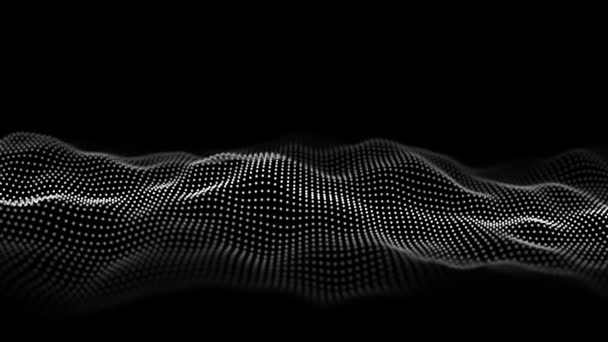 未来主义数字波 黑暗网络空间 带圆点和线条的文摘波 黑色背景上的白色运动粒子 3D渲染 — 图库视频影像