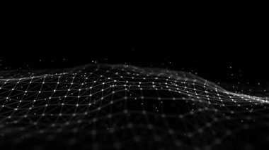 Parçacıkların soyut teknoloji dalgası. Büyük veri görselleştirmesi. Hareket noktaları ve çizgileri olan karanlık bir arkaplan. Yapay zeka. 3d oluşturma.