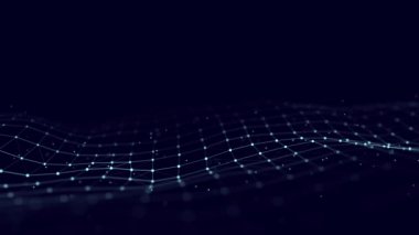 Parçacıkların soyut teknoloji dalgası. Büyük veri görselleştirmesi. Hareket noktaları ve çizgileri olan karanlık bir arkaplan. Yapay zeka. 3d oluşturma.