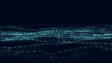 DNA 'lı moleküler arka plan. Ağ konsepti. Müzik dalgası. Büyük veri görselleştirmesi. Karanlık arkaplanda noktaları ve çizgileri birleştiren soyut arkaplan.