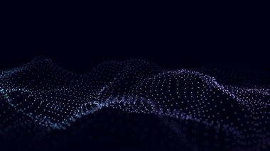 Gelecekçi teknoloji dalgası. Dijital siber uzay. Siyah zemin üzerinde hareket eden parçacıkların olduğu soyut dalga. Büyük veri analizleri. 3d oluşturma.