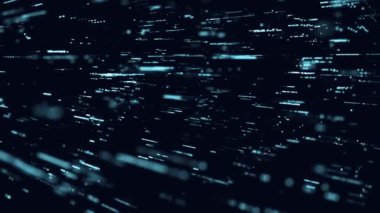 Hareketli parçacıkları olan gelecekteki dijital siber uzay. Dijital verileri sınıflandırma ve analiz etme. Teknoloji matrisi algoritması. Güvenlik depolama verileri. 3d oluşturma.