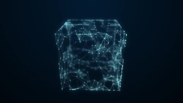 テクノロジーブロックチェーンネットワーク接続 ビッグデータ可視化 サイバーセキュリティの背景 青のキューブ ブロック崩壊粒子から構成されます 3Dレンダリング — ストック動画