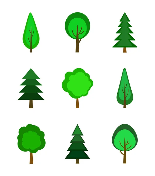 Набор Зеленых Деревьев Белом Фоне Векторные Лиственные Хвойные Деревья Плоском — стоковый вектор