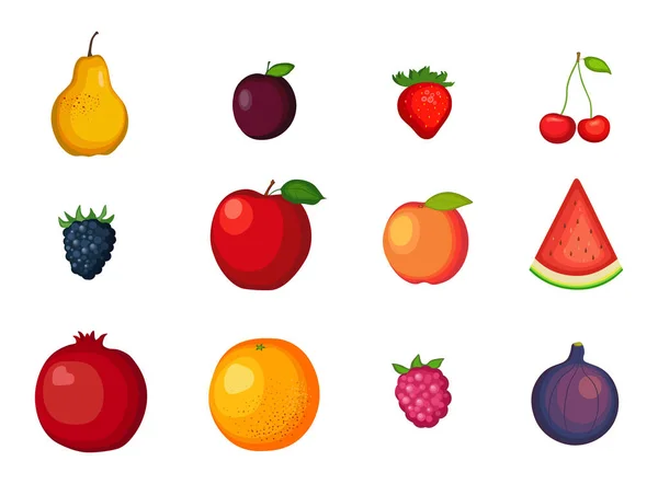 一组白色背景的甜水果 不同品种的扁平矢量水果 — 图库矢量图片