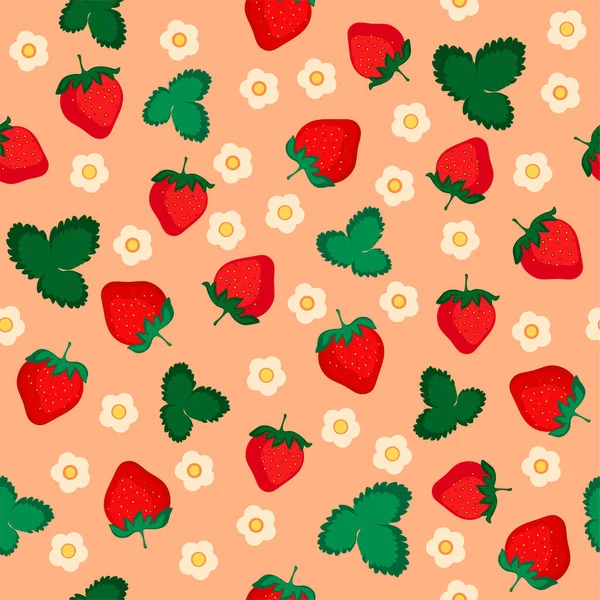 带有米色背景草莓的病媒图案 无缝图案 有浆果 花和叶子 平面设计 — 图库矢量图片