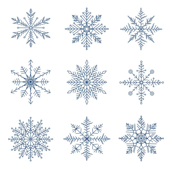 Ensemble Flocons Neige Bleu Vacances Sur Fond Blanc Variété Vecteur — Image vectorielle