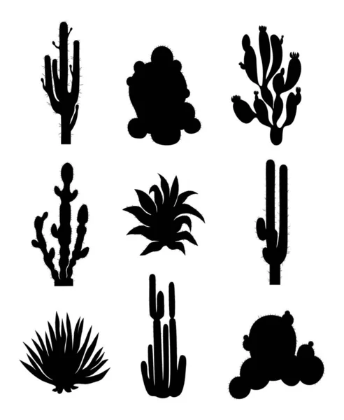 Beyaz arka planda farklı tipte kaktüs siluetleri. Düz biçimdeki çeşitlilik vektör kaktüsü.