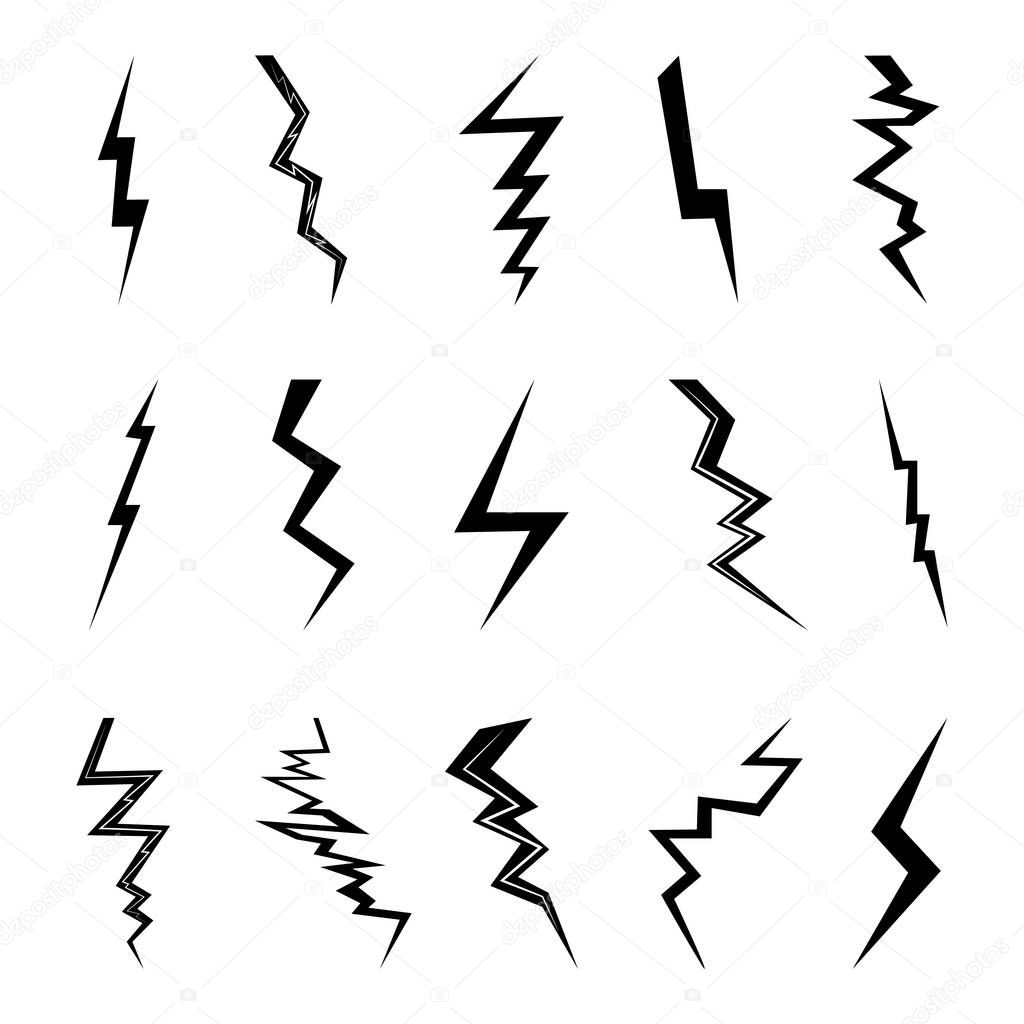 Set of icon lightning on white background. Variety vector lightning in flat style.