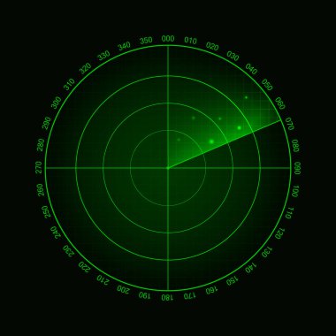 Vector green radar screen. Military search system in action with targets. Technology HUD design. clipart