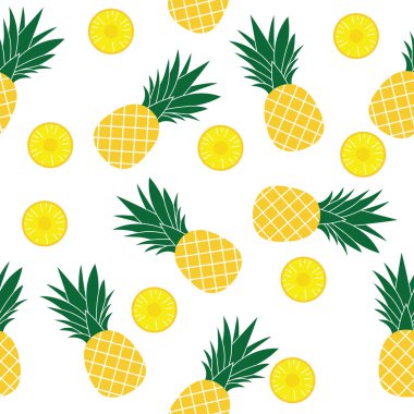 Düz biçimde taze sarı ananas deseni. Beyaz arkaplanda izole edilmiş bir ananas halkası..