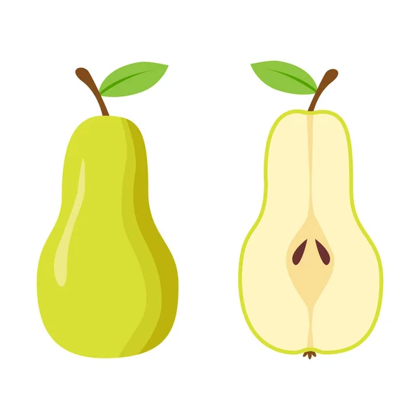 扁平的新鲜绿色梨子 全梨子和半梨子在白色背景上隔离 — 图库矢量图片