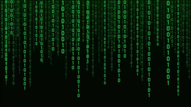 Teknoloji ikili kodu. Rastgele düşen yeşil parmaklar ekranda. Hacklenmiş yazılım. Matris bilimi geçmişi. Büyük veri analizleri.