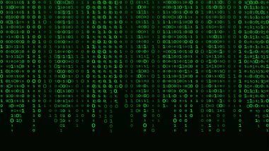 Teknoloji ikili kodu. Rastgele düşen yeşil parmaklar ekranda. Hacklenmiş yazılım. Matris bilimi geçmişi. Büyük veri analizleri.