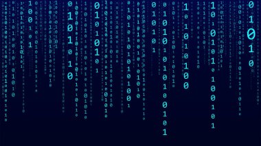 Teknoloji ikili kodu. Rastgele düşen mavi parmaklar ekranda. Hacklenmiş yazılım. Matris bilimi geçmişi. Büyük veri analizleri.