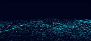 Parçacıkların soyut vektör teknoloji dalgası. Büyük veri görselleştirmesi. Hareket noktaları ve çizgileri olan karanlık bir arkaplan. Yapay zeka.