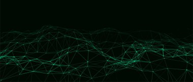 Parçacıkların soyut vektör teknoloji dalgası. Büyük veri görselleştirmesi. Hareket noktaları ve çizgileri olan karanlık bir arkaplan. Yapay zeka.