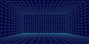 Mavi arka planda üç boyutlu kablo odası. Vektör bakış açısı ızgarası. Dijital alanı olan kutu.