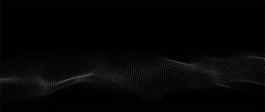 Fütürist dijital dalga. Karanlık siber uzay. Noktalı soyut vektör dalgası. Siyah arkaplan üzerinde beyaz parçacıklar.